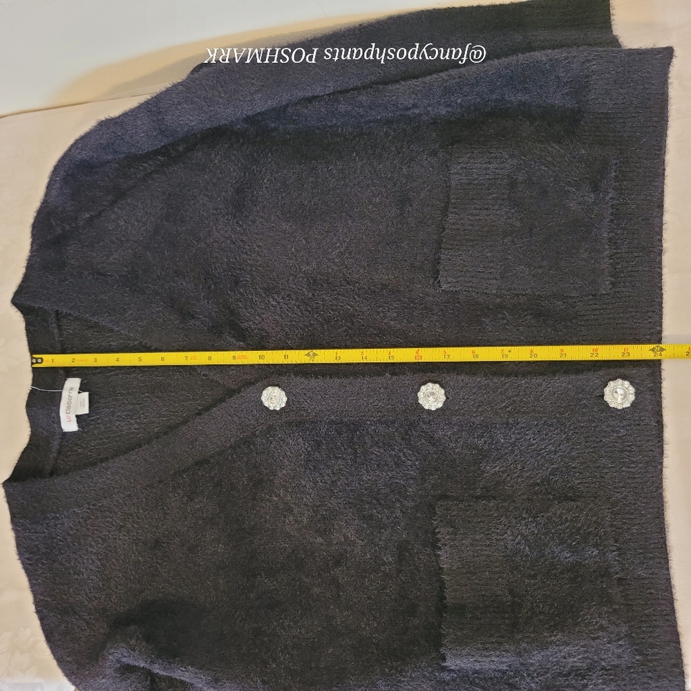new! Black lux faux mohair boxy Vneck cardigan Liz Claiborne sweater rhinestone - Picture 10 of 17